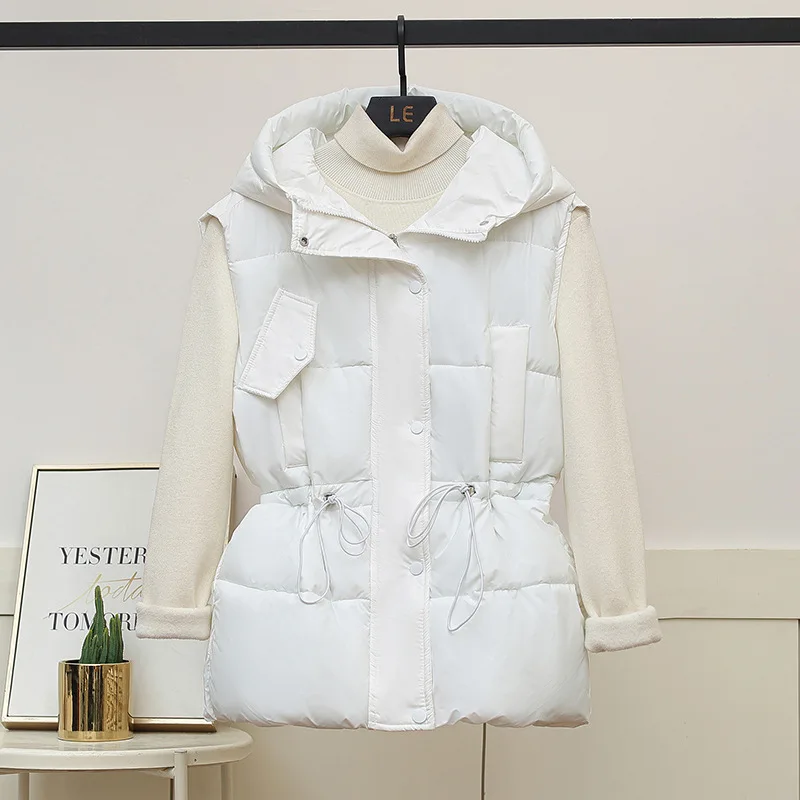 

Korean-Style Women's Winter Coat Ruffled Hooded Waist-cinching Figure-flattering Vest For Female Minimalsit Casual Female's Coat