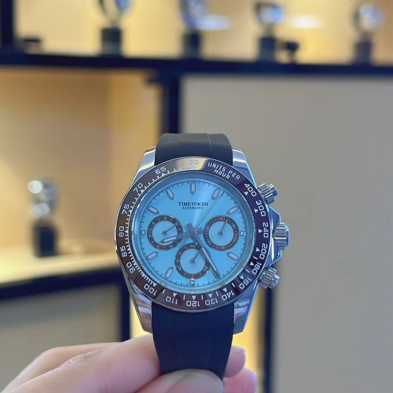 TIME TOKEN 40mm Men's Mechanical Watch V2 Sapphire Retro Chronograph Stainless Steel 100M Waterproof