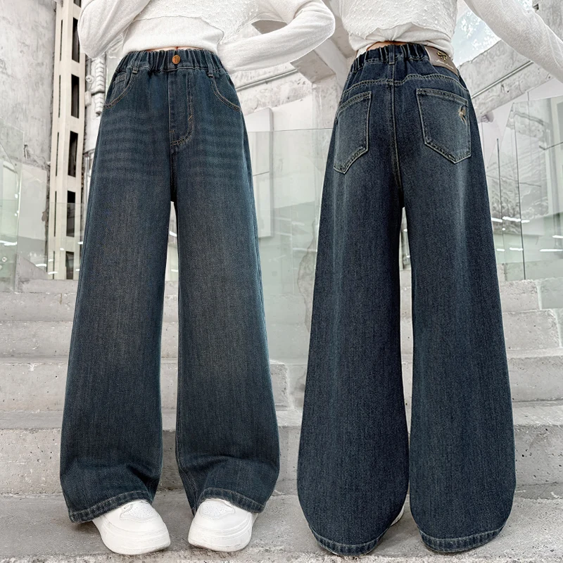 

Classic Kids Vintage Street Baggy Jeans For Teens Girl High Fashion Wide Leg Denim Pants with Bow Pocket Child Casual Trousers