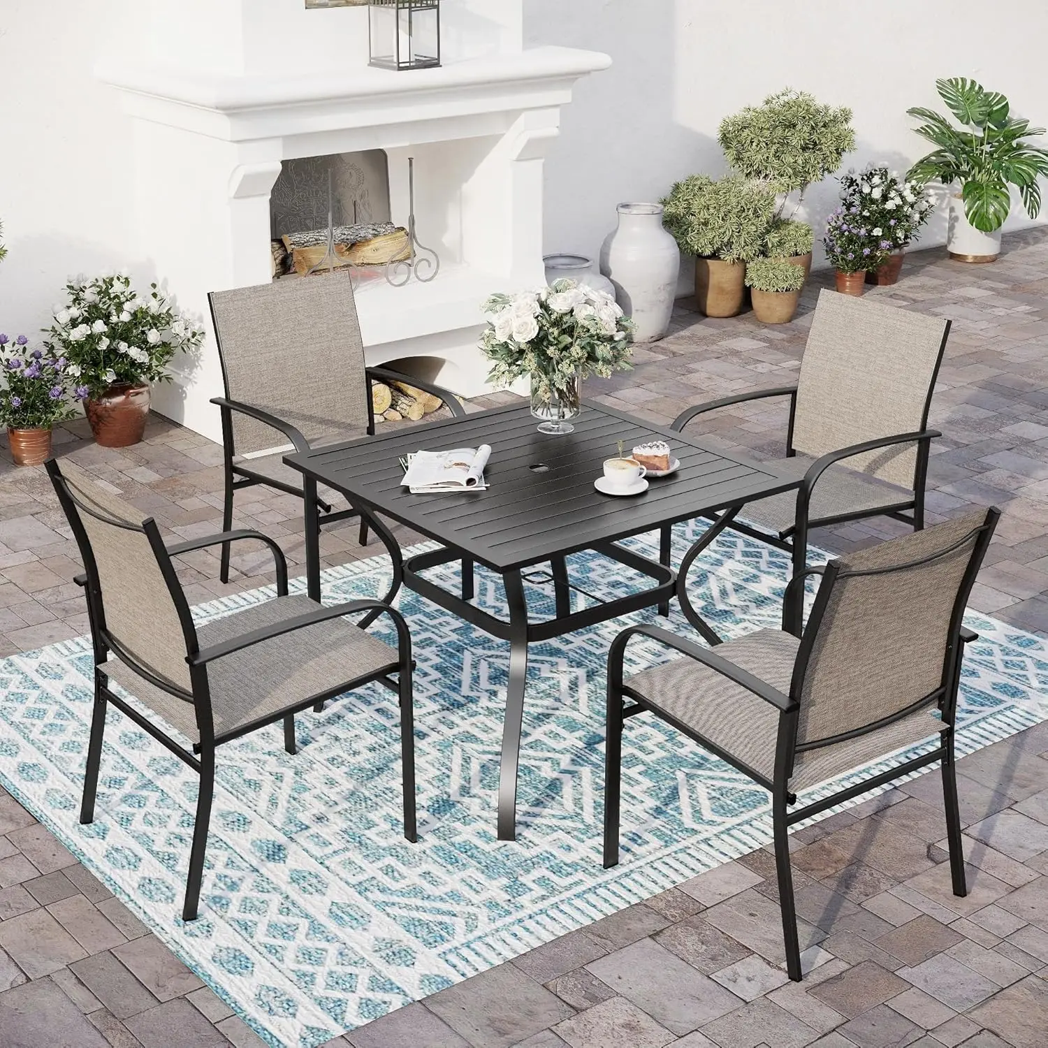 

5 Piece Patio Dining Set for 4, 37”x37” Square Table with Umbrella Hole, 4 Metal Brown Chairs, Outdoor Table and Chairs Set for