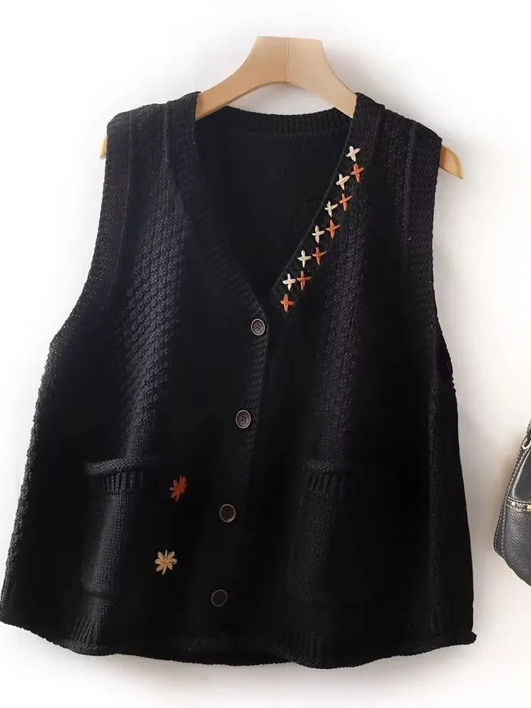 Embroided Sleeveless Knit Sweater Coats Vintage Loose Knitwears Vest Hollow Out Colete Korean Cardigan Women Casual Tops Jackets