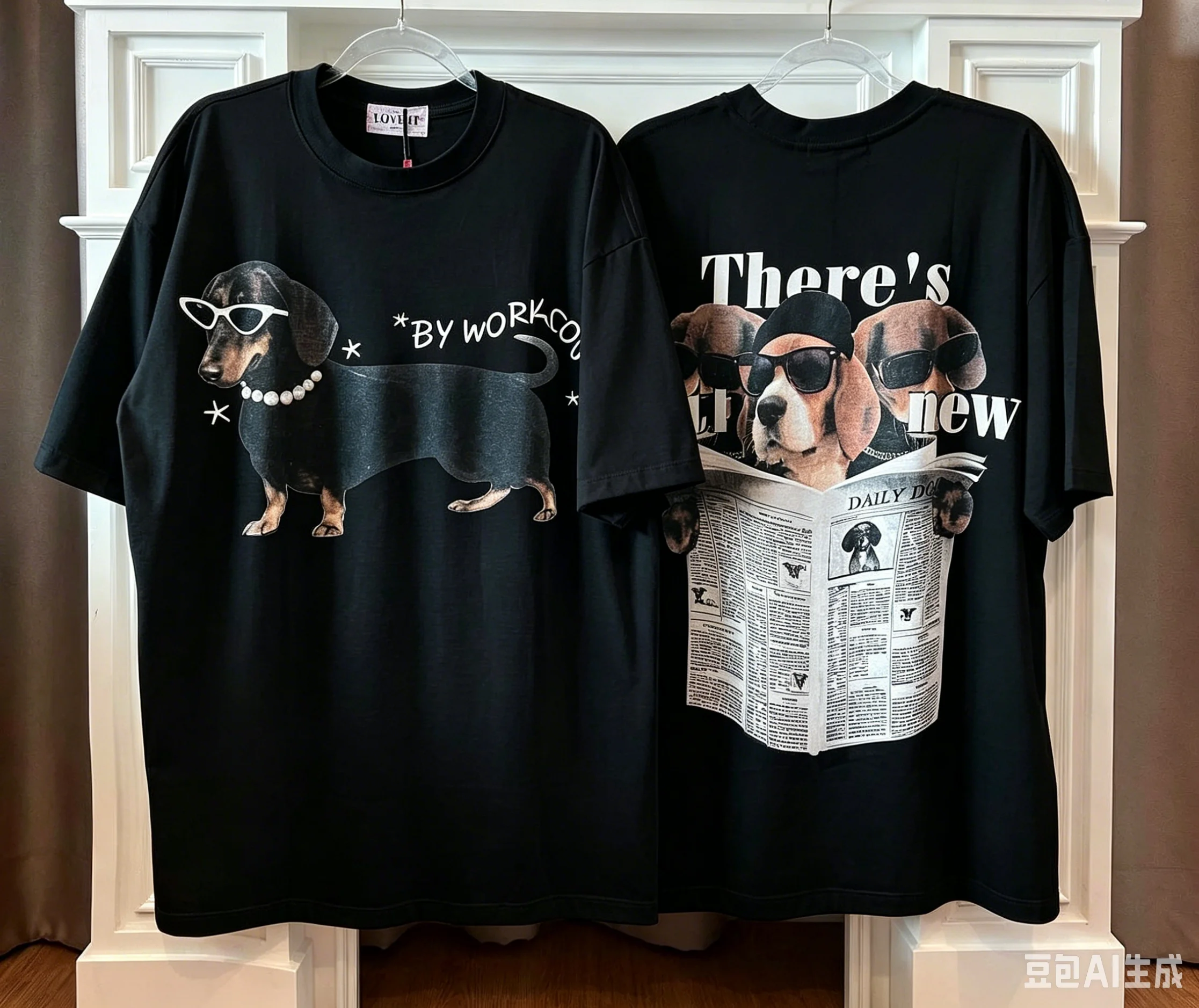 American Retro Sunglasses Pearl/newspaper Sausage Dog Loose and Versatile Trendy Cool Style Daily Pure Cotton Short Sleeved Top