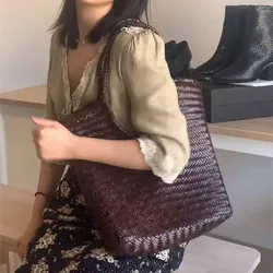French holiday style handmade cowhide weaving Casual Shopping Bag Vintage Big Tote Purse Cowhide Cross Hand Bags Lady