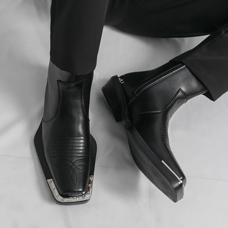 

Men High Top Boots PU Low Heel Fashionable Square Toe Bare Boots Business Banquet Men Boots Sizes 38-46