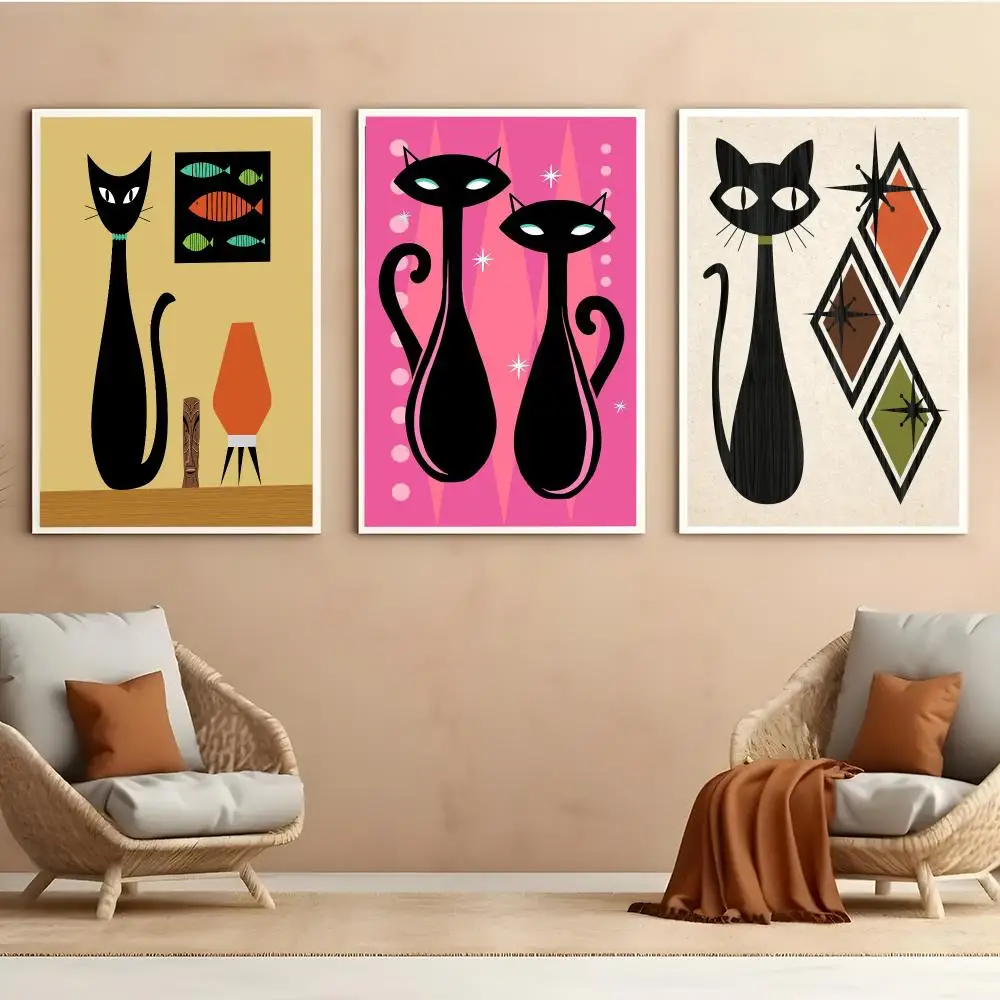 Mid Century Black Cat Poster Aesthetic HD PVC Wall Art - Waterproof Wear Resistant For Home Hotel Bar