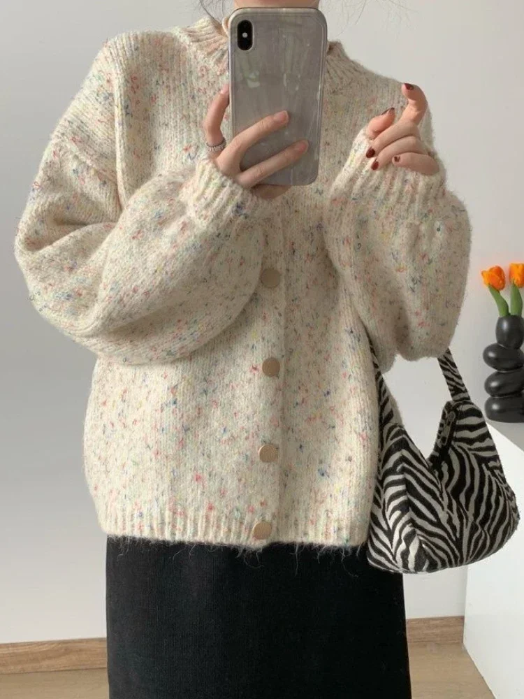 Women's Loose Korean Knitted Cardigan Warm Chic Lazy Style Autumn Sweater with Colorful Dot Design Thick Knitwear