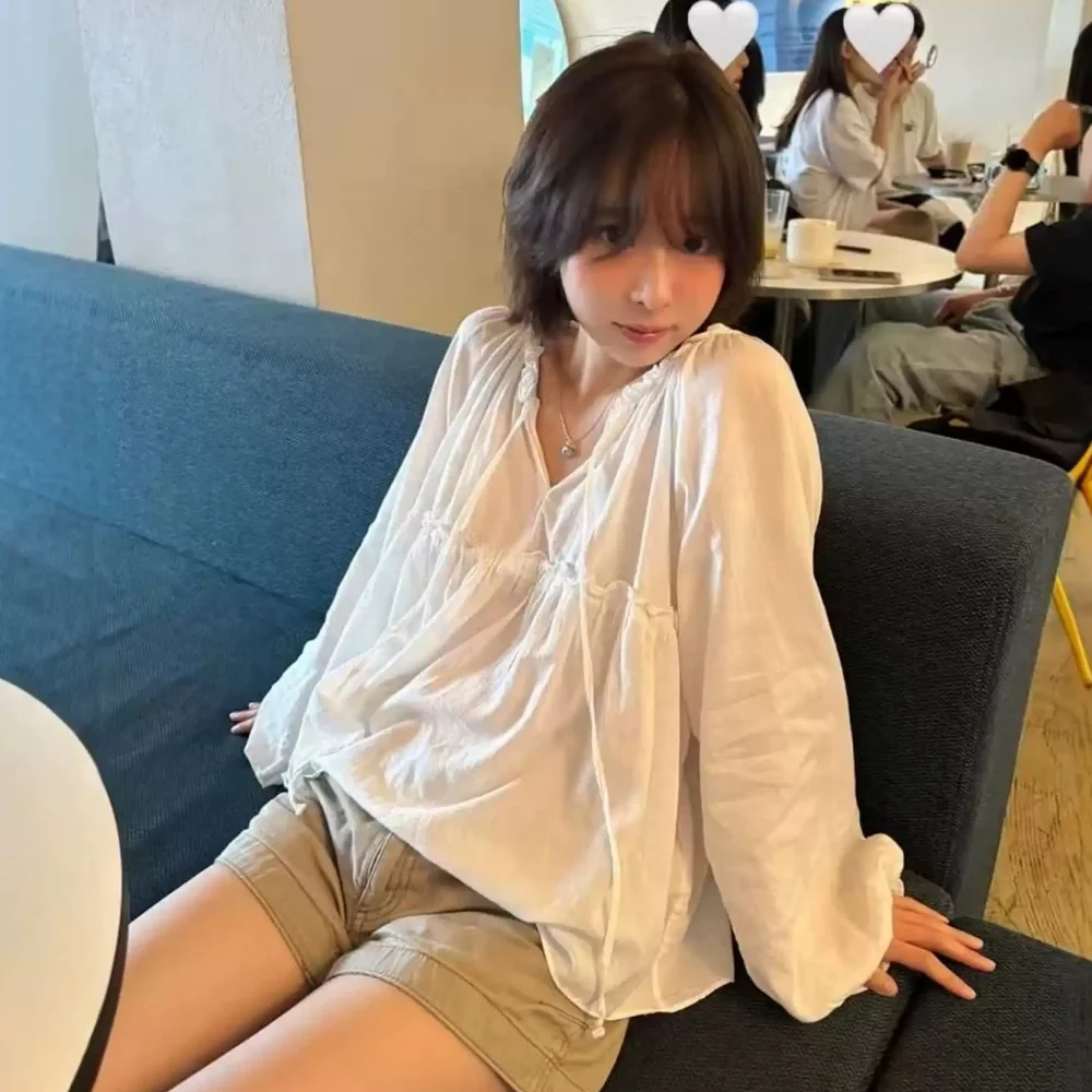 

Chic V-Ne Bubble Sve irt Women's Loose Fit Dstring Casual Faionable Wood ain Top Commute Sle Breathable ...