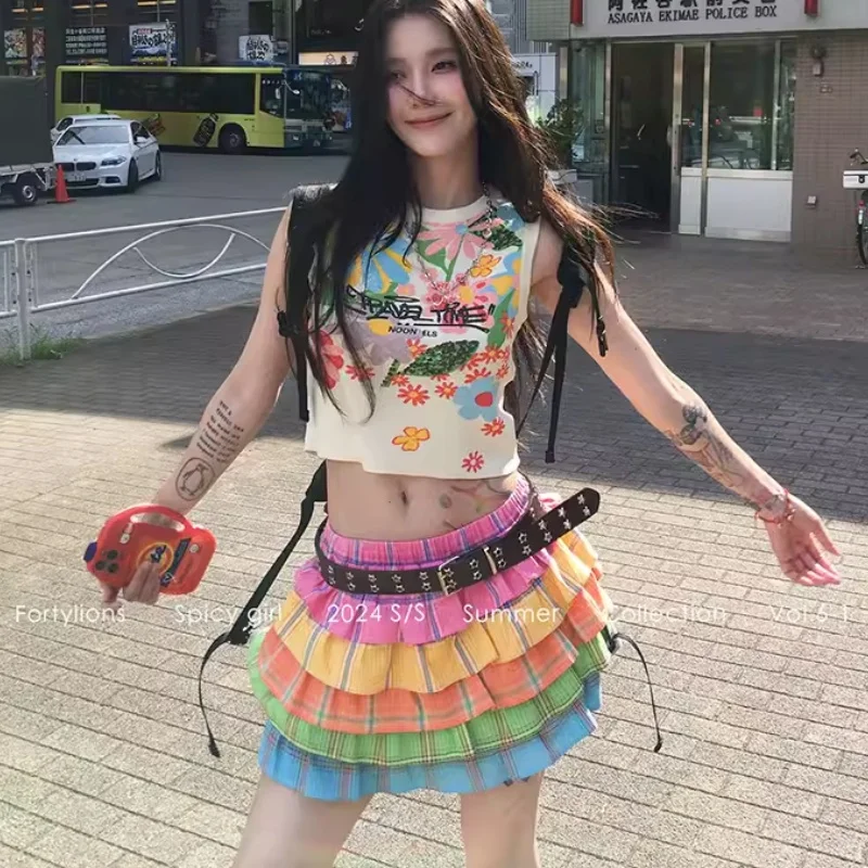 

Women A-line Pleated Skirt 90s Aesthetic Vintage Y2k Cute Rainbow Stripe Mini Skirts Harajuku Korean Skirt 2000s Clothes Summer