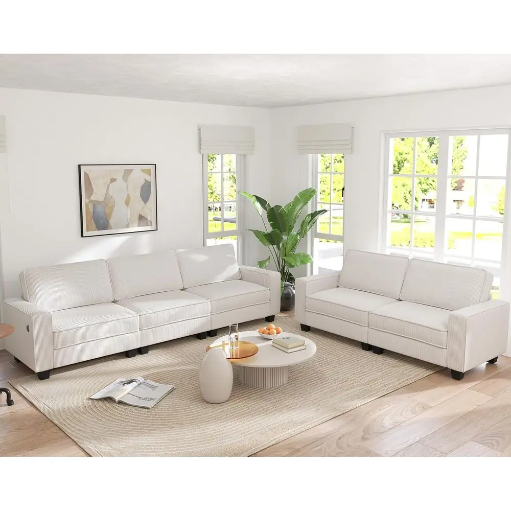 

2-Piece Couch Set: 3-Seater Sofa with Loveseat, Corduroy Fabric, Plush Cushions, USB Charging Ports, White for Living Room