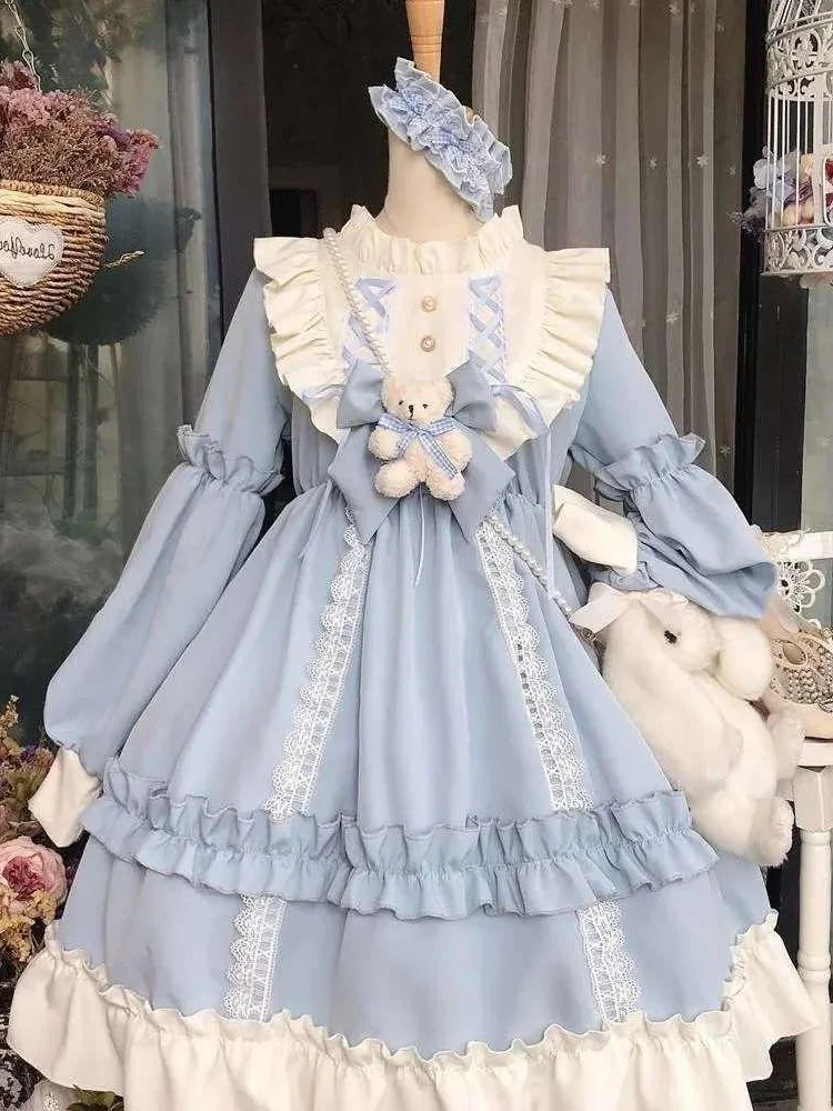 Blue White Fashion Lolita Costumes Sweetheart Cute Dress Romantic Honeymoon Apparel Cosplay Anime Outfit Role Playing Garment