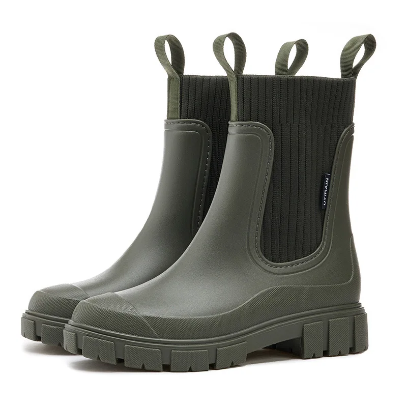 Bottes de pluie mi-mollet peu profondes pour femmes, chaussures rondes en PVC, bottes de pluie solides, bottes à plateforme imperméables, vente de