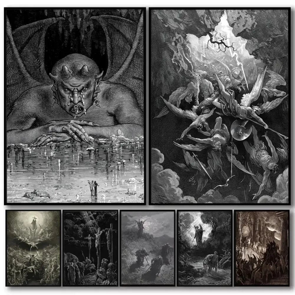 Gustav Dore Satan Paradise Lost Monster Painting Calligraphy High-Quality Cotton Canvas Poster Wall Art for Room House Decor