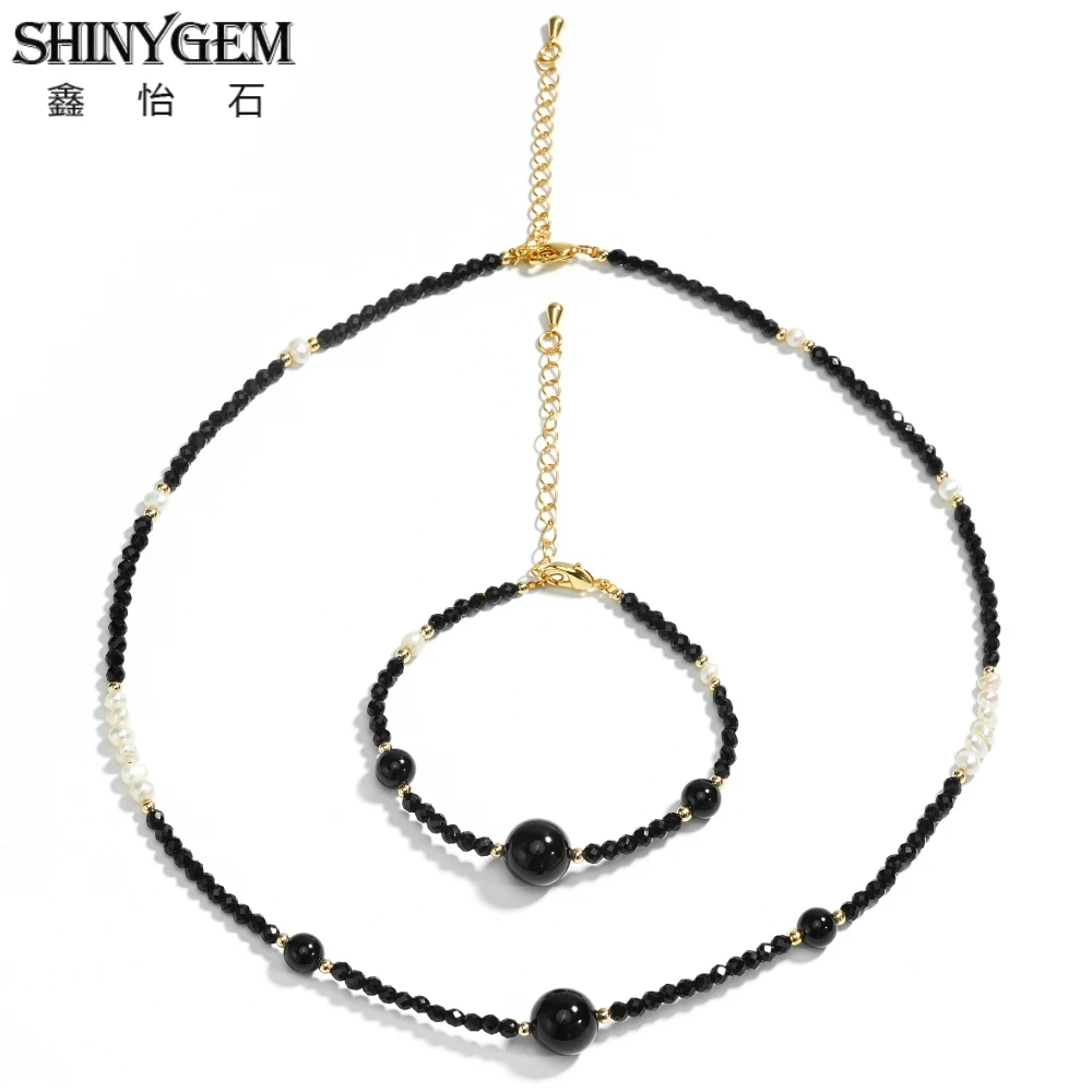 

SHINYGEM Black Spinel Beaded Jewelry Set Luxury Choker Necklace & Bracelet with Freshwater Pearls Adjustable Size Women Necklace