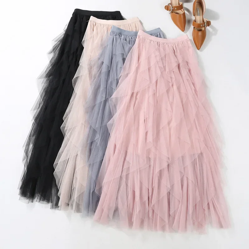 Womens Elastic High Waist Tulle Mesh Irregular Tutu Skirt Summer Girls Party Older Kid Girl Pleated Long Midi Skirts