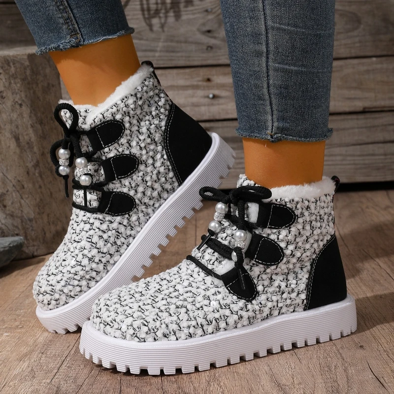 

Winter Outdoor Non-slip Women Boots Fashion String Bead Flat Riding Boots Fleece Warm Cotton Shoes Plus Size Ladies Bootie New