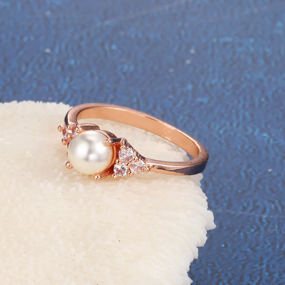 Double Fair Imitation Pearl Dainty Rings For Women Elegant Rose Gold Color Engagement Anniversary Gift Jewelry Ring KCR263