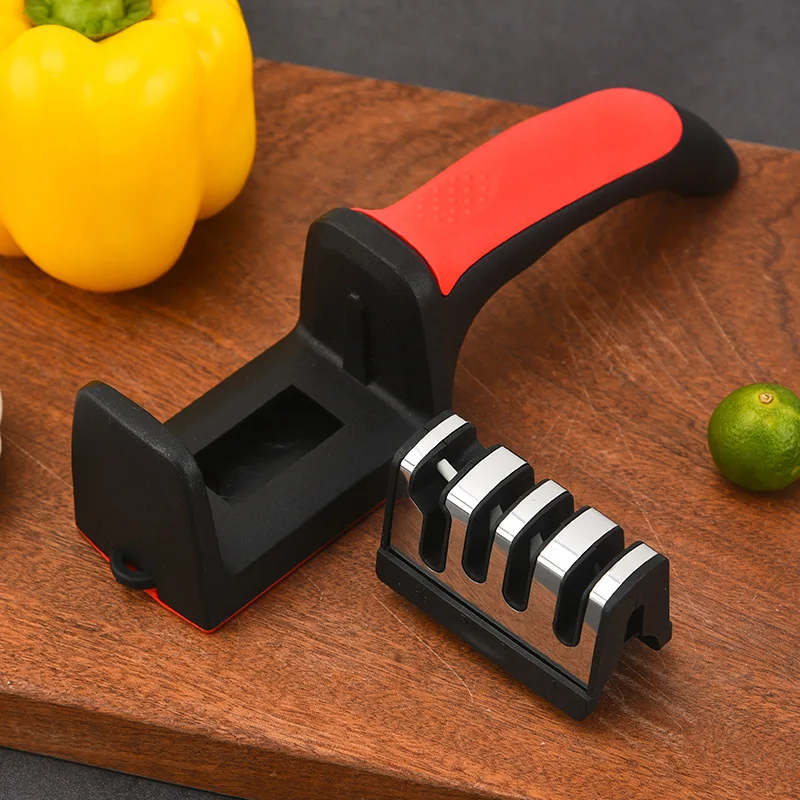 Messerschärfer Handheld Multifunktions-3 Stufen Typ Schnellschärfwerkzeug mit rutschfester Basis Küchenmesser Zubehör Gadget