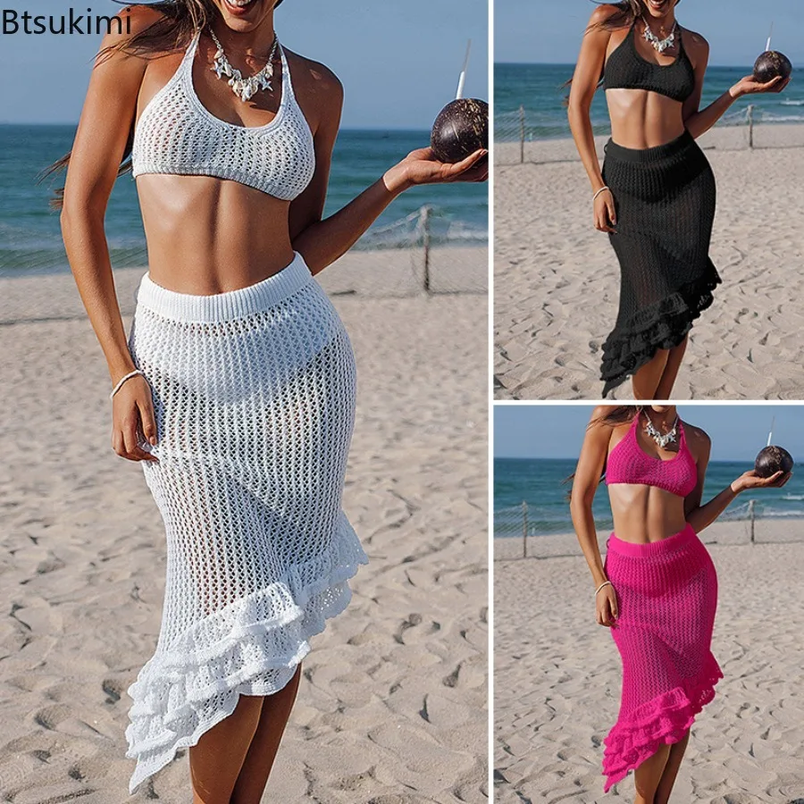 

Сексуальное женское бикини из двух предметов, вязаный крючком комплект без рукавов, укороченный топ и юбка с рюшами, летний пляжный вязаный накидка