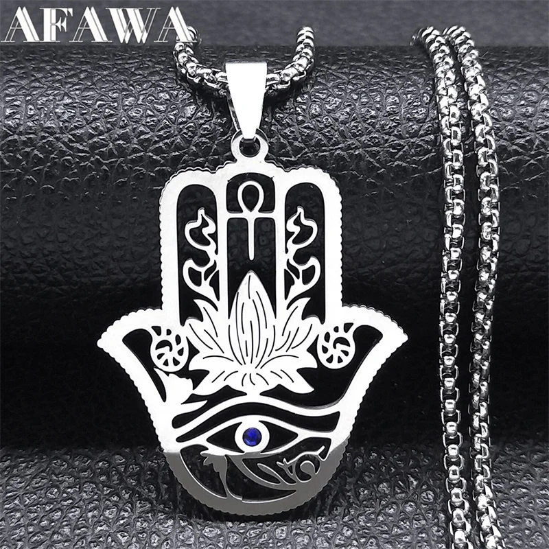 Hamsa Hand Ankh Lotus Necklace for Women Men Stainless Steel Silver Color Egypt Eye of Horus Necklaces Jewelry N8075S02