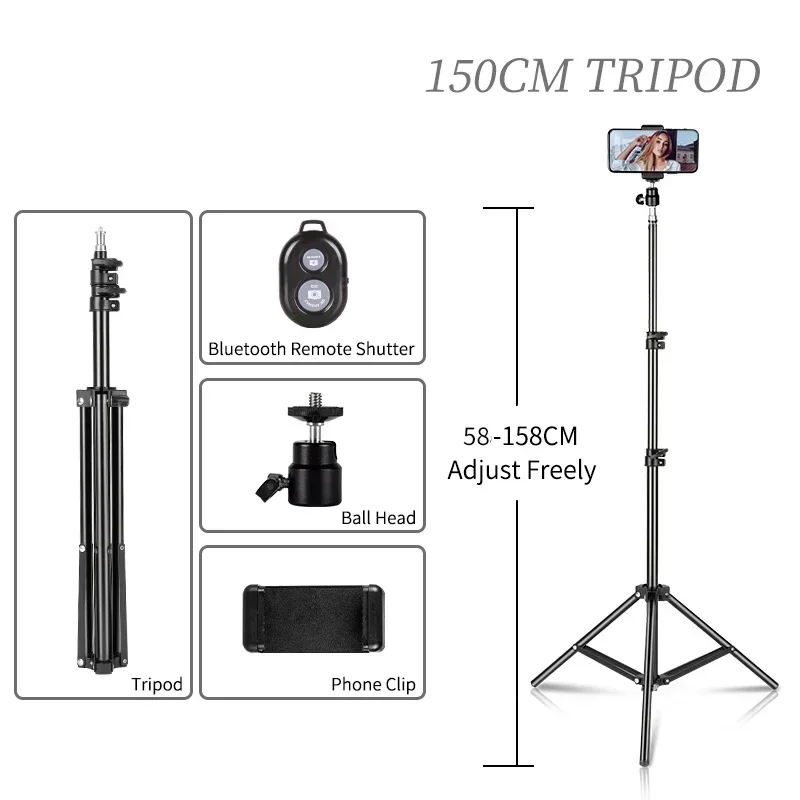 Lichtstativ für Telefonständer mit Clip, Bluetooth-Controller, 100/150/200 cm Selfie-Stativ, Aluminiumhalterung, Digitalkamera-Stativ
