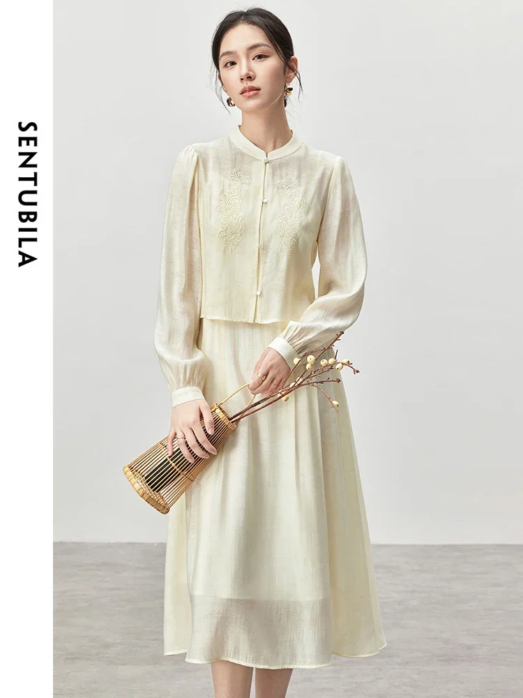 

SENTUBILA Chinese Style Embroidery 2 Pieces Dress Sets for Women 2025 Spring Stand Neck Shirts Sleeveless Dress Set 143Z55930