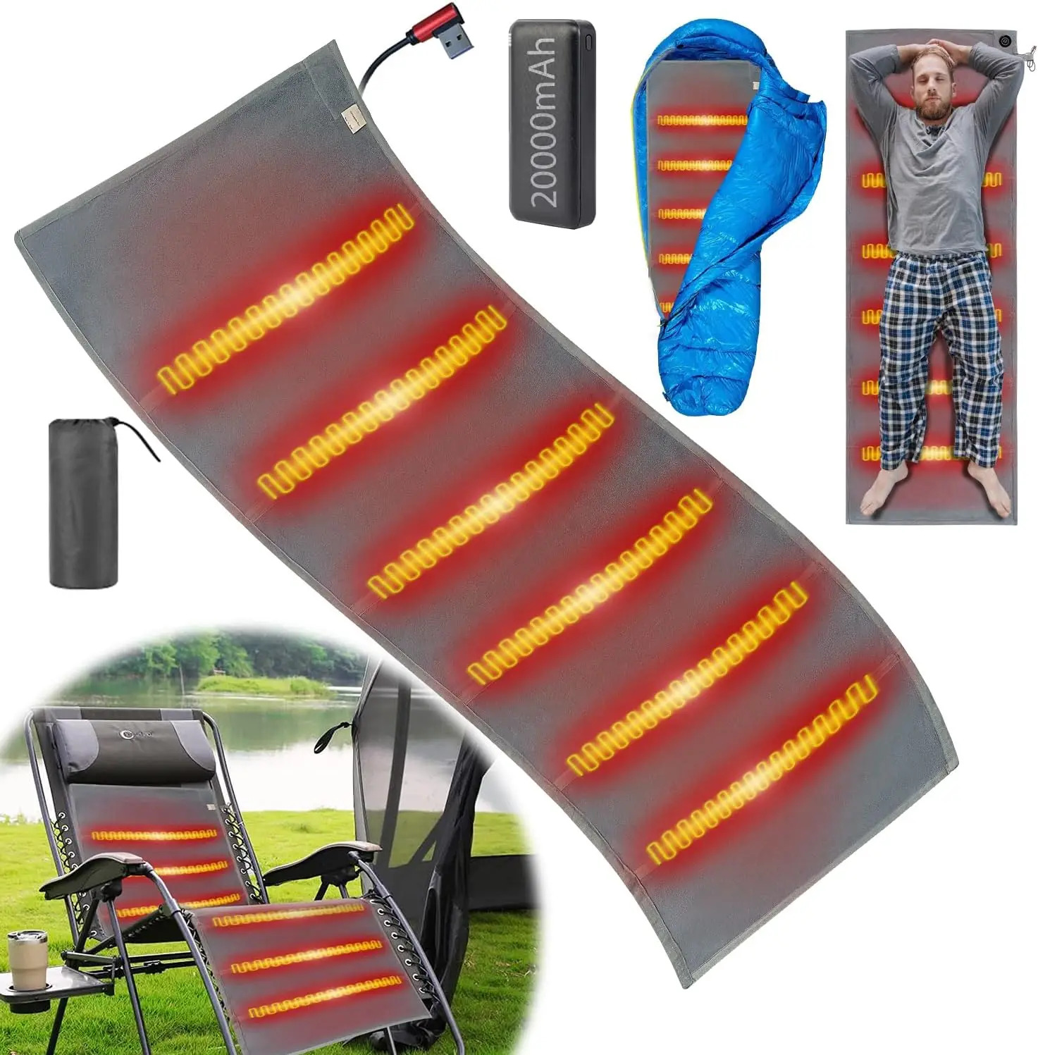 

Camping Heated Sleeping Bag Pad - with 20000mAh Battery Sleeping Bag Liner USB Powered Heater for Tent