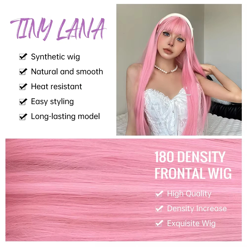 شعر مستعار صناعي طويل مستقيم باللون الوردي الفاتح لحفلات الهالوين التنكرية، والارتداء اليومي، وقبعة شعر مستعار حريرية تتحمل درجات الحرارة العالية