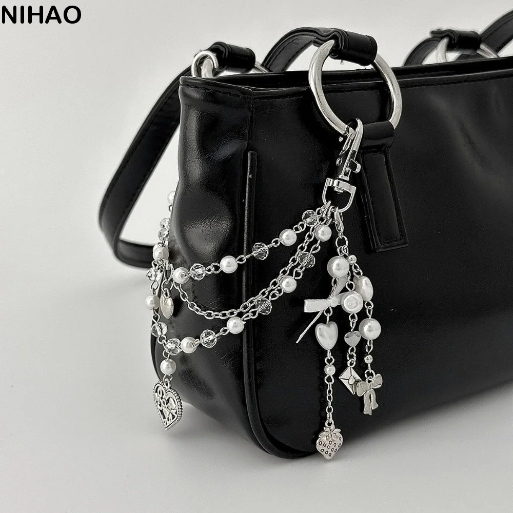 

Gift Sweet Imitation Pearl Accessories Heart Multi-layer Design Acrylic Bag Chain Trendy Metal Material Beaded Keychain School