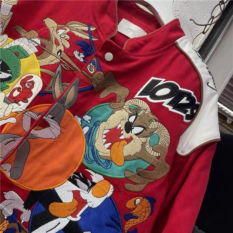 

American Street Hip-hop Motorcycle Baseball Uniform Stand Collar Thicken Couple's Coat Cartoon Embroidery Women Bomber Jacket