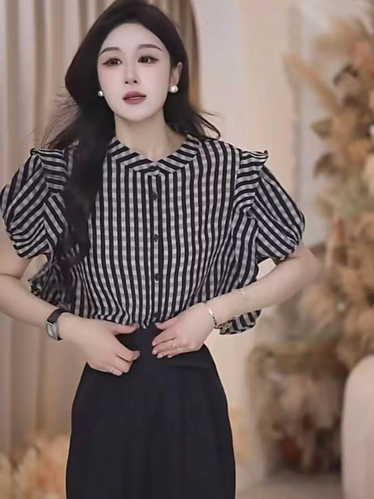 

Ele Patchwork ort Sve Summer irt Single Button Chiffon Open Cardigan Top European High-End Brand Lace Trim