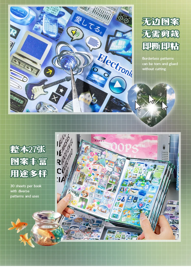Vintage Multi Story Series Sticker Book - 27/30 Sheets Food-Y2K Themed Creative DIY Scrapbook Japanese Stationery Framed Album