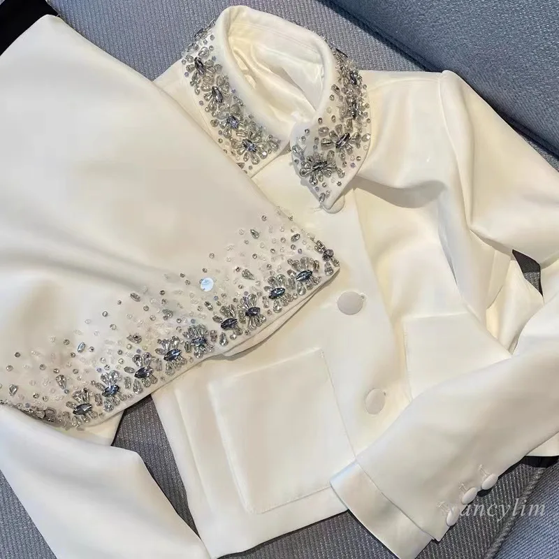 Spring Autumn Chic Skirt Sets Two Piece Set Heavy Industry Classic Style Elegant White Short Coat + Skirt Rhinestone Suit