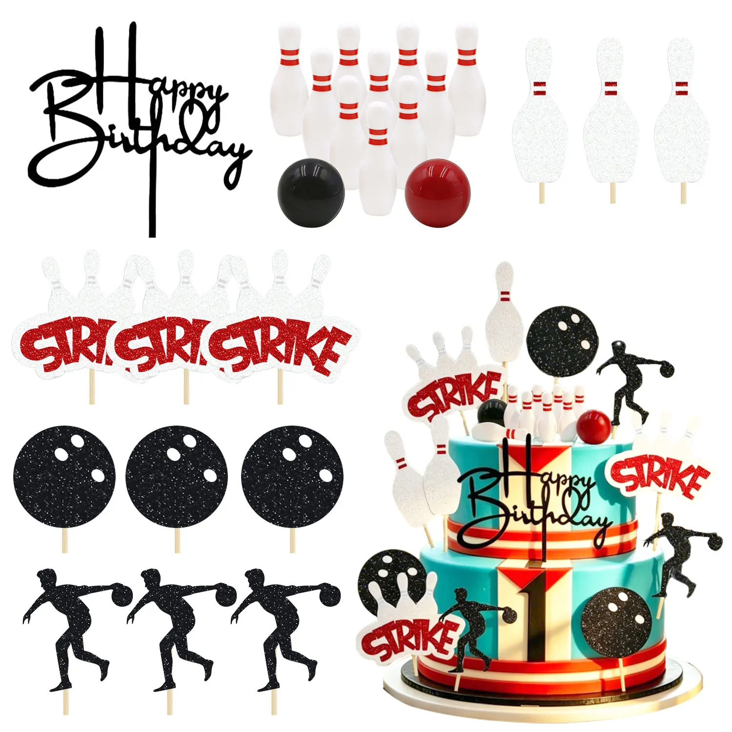 Bowling Strike Cake Topper Set, Sport-Party Cupcake-Dekorationen mit Happy Birthday Topper für Feiern