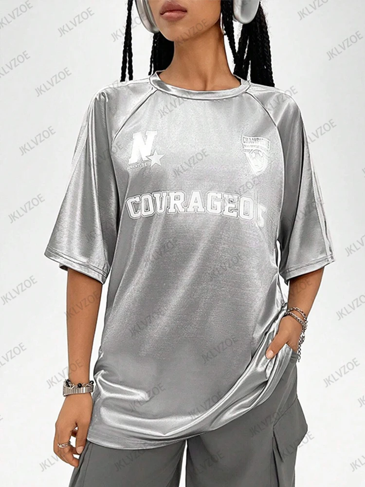 2025 Summer Los Angeles Print T-Shirt For Women Pink Patchwork Short Sleeve Mesh Sports Football Jersey Y2K Loose Oversized Tops