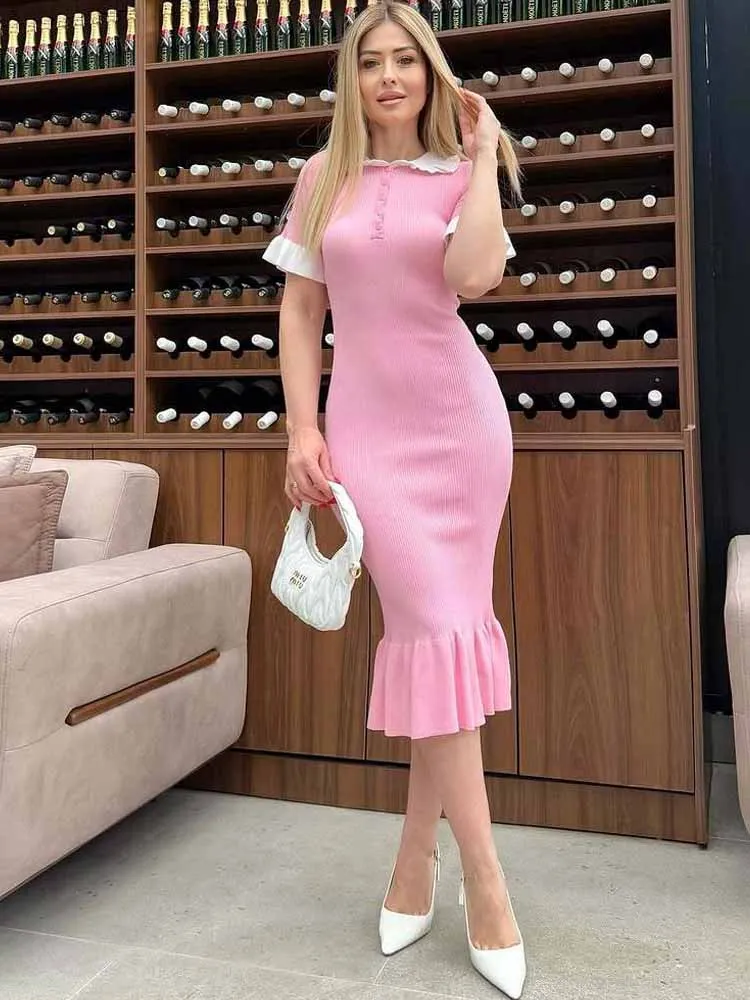 BKQU Elegant Ruffles Knitted Long Dress Women High Waist Contrast Lapel Short Sleeve Bodycon Midi Dress Summer Chic Streetwear