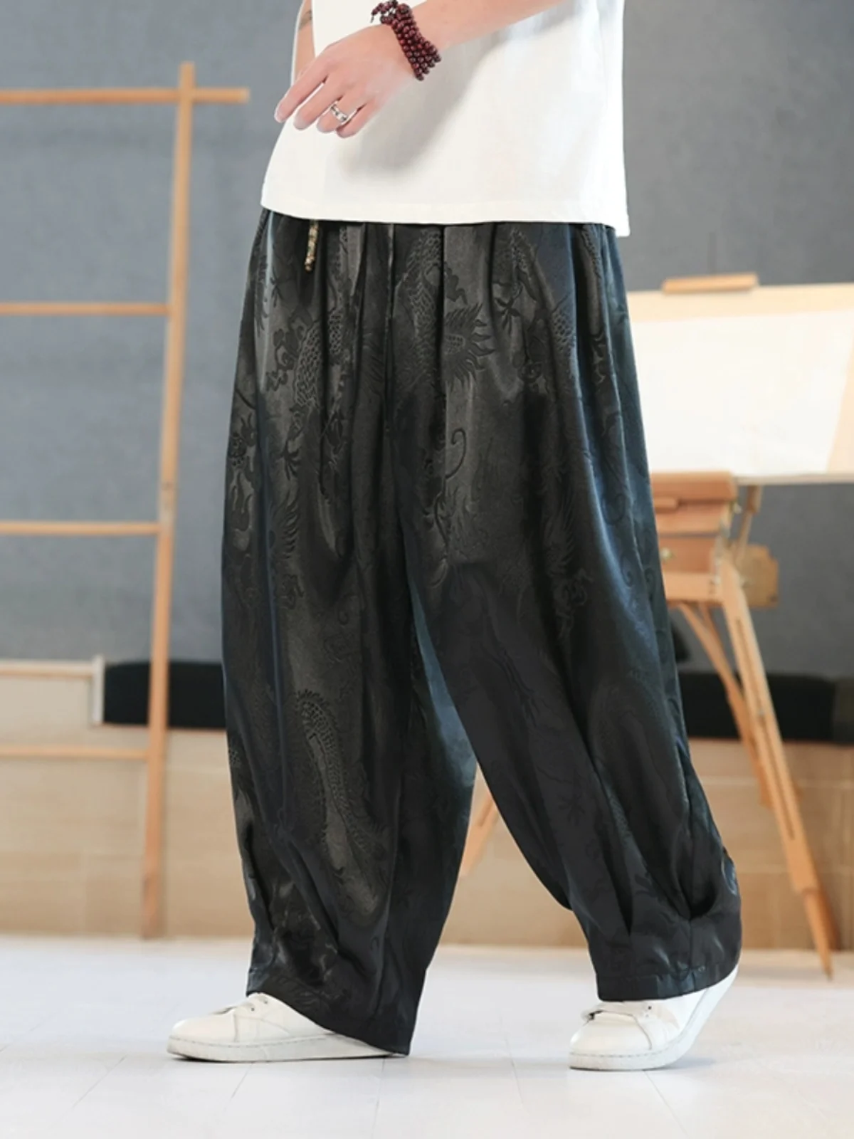 

Широкие брюки в стиле Харадзюку с ретро-драконьим узором, мужские летние повседневные брюки в китайском стиле, модные молодежные антимикробные брюки