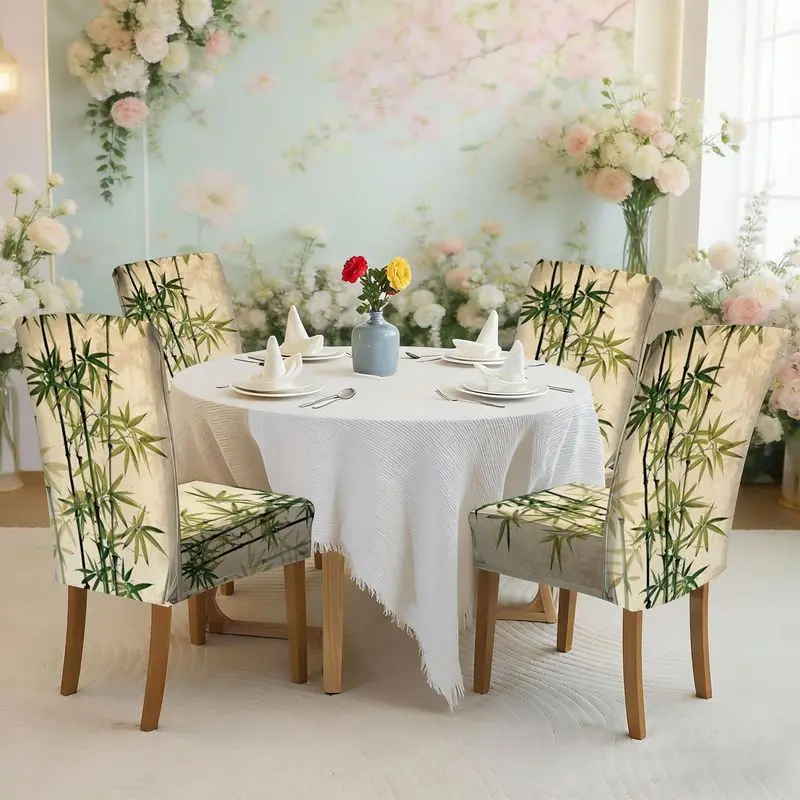 

Набор чехлов для обеденных стульев с плоским принтом и эластичной резинкой, узор «Бамбуковая тень» с вертикальными рядами зеленых листьев, чехол для стула