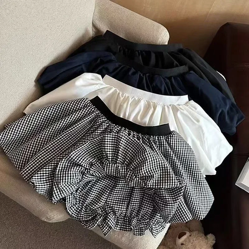 

Women Pleated Bubble Mini Skirt Y2k Ruffle Hem Elastic Waist Puffy Short Skirt Tee Girls Cute Aline Balloon Skirt