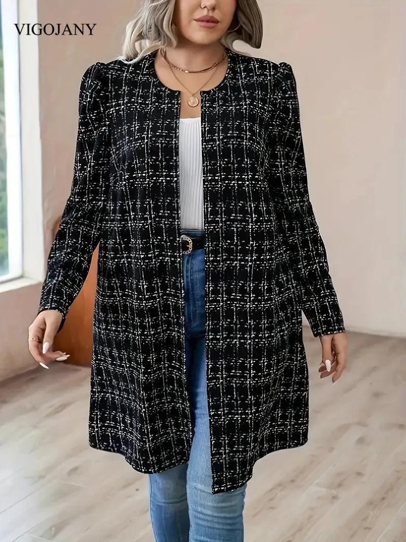 VigoJany 2025 Winter Plaid Plus Size Coat Women Casual O-Neck Large Long Sleeve Outwear Ladies Chubby Open Stitch Curvy Clothes