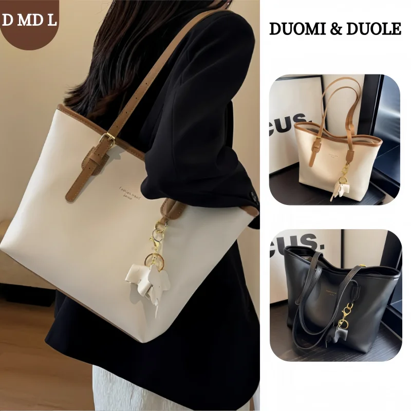 

2026 Spring Retro Elegant Cute White & Brown Two-tone PU Fabric Tote Bag Women's Elephant Charm Brand Logo Large Capacity Daily