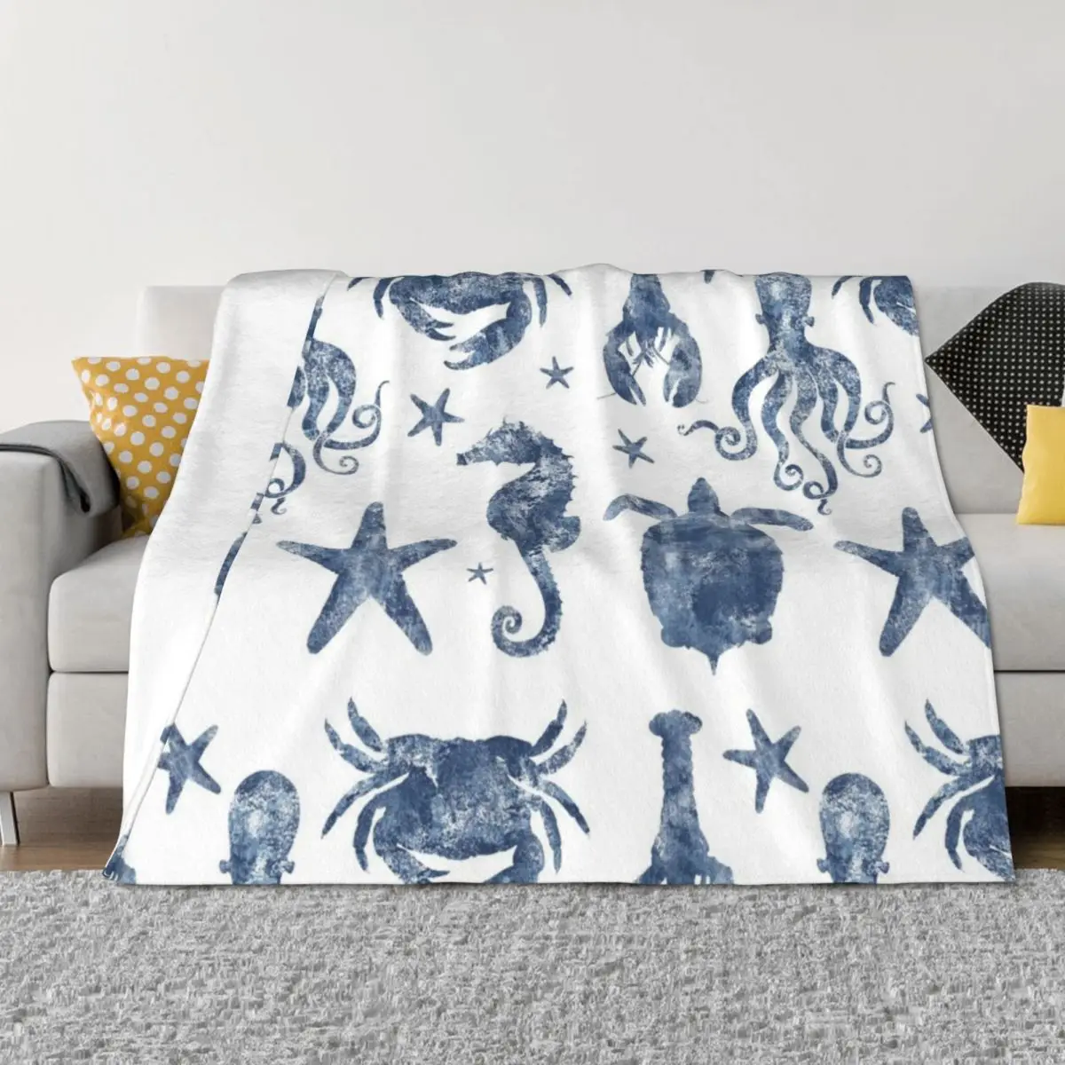 

Nautical Marine Life, sea star, seahorse, turtle, octopus, coastal beach Throw Blanket Flannel Blankets