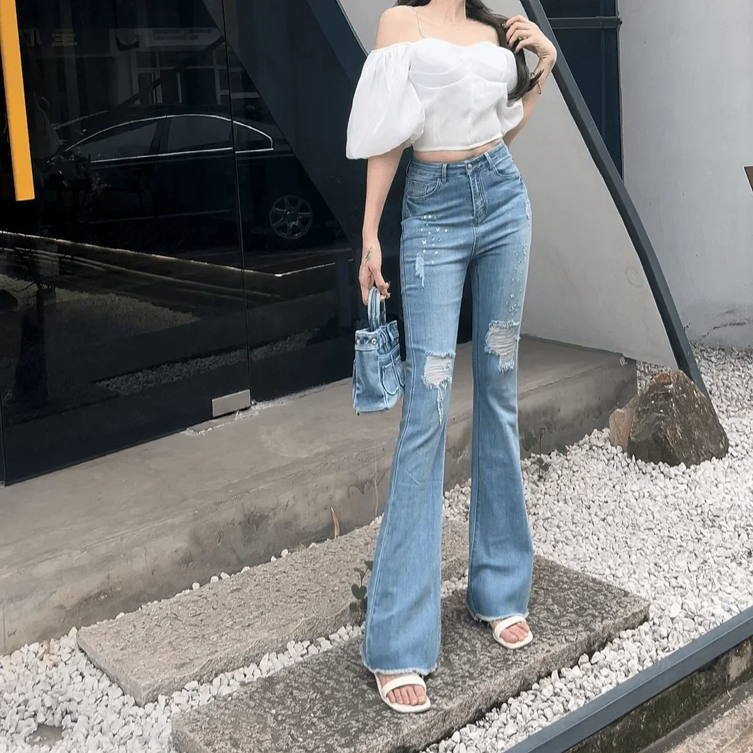 여성용 하이 웨이스트 샷 플레어 청바지, 레트로 카우보이 바지, Xxl 활기찬 2025 품질 벨 바텀 바지, 최고 판매, 저렴한