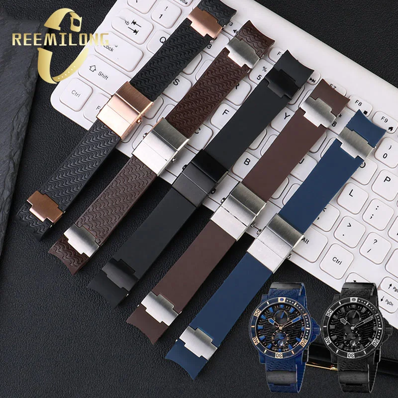 Silicone rubber watch strap 22mm arc interface waterproof black brown blue diving nautical men’s watchband For Ulysse Nardin 263