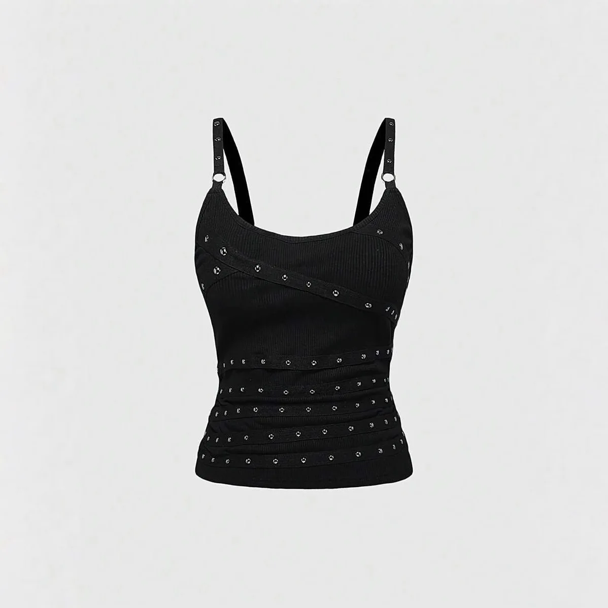 Women's Black Studded Ribbed Camisole Slim Fit Y2K Gothic Crop Top Adjustable Strap Streetwear Tank Top