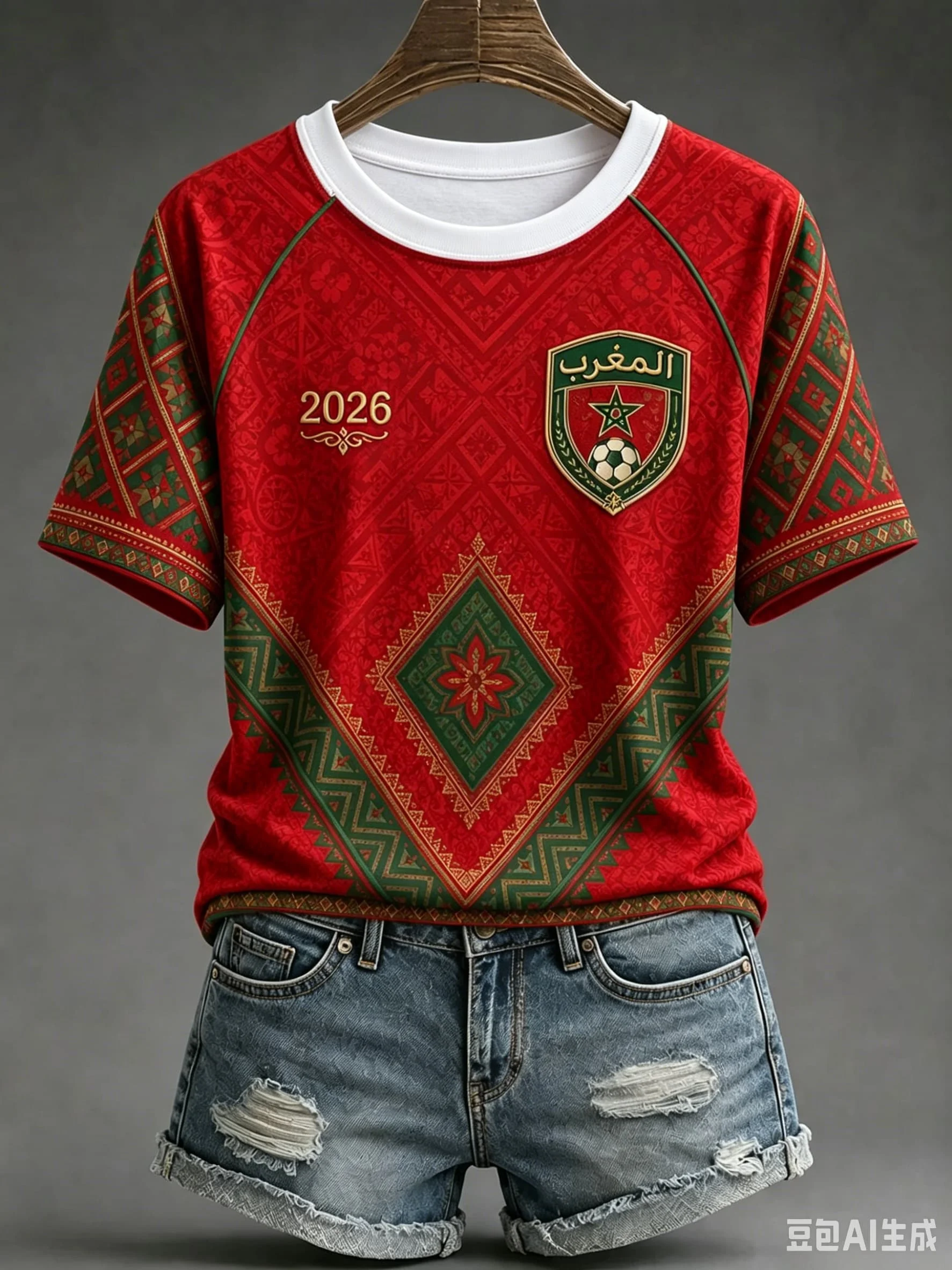 Morocco 2026 Women Men Soccer Jersey, Traditional Geometric Pattern Print, Breathable Quick-Dry Football Shirt for Fans