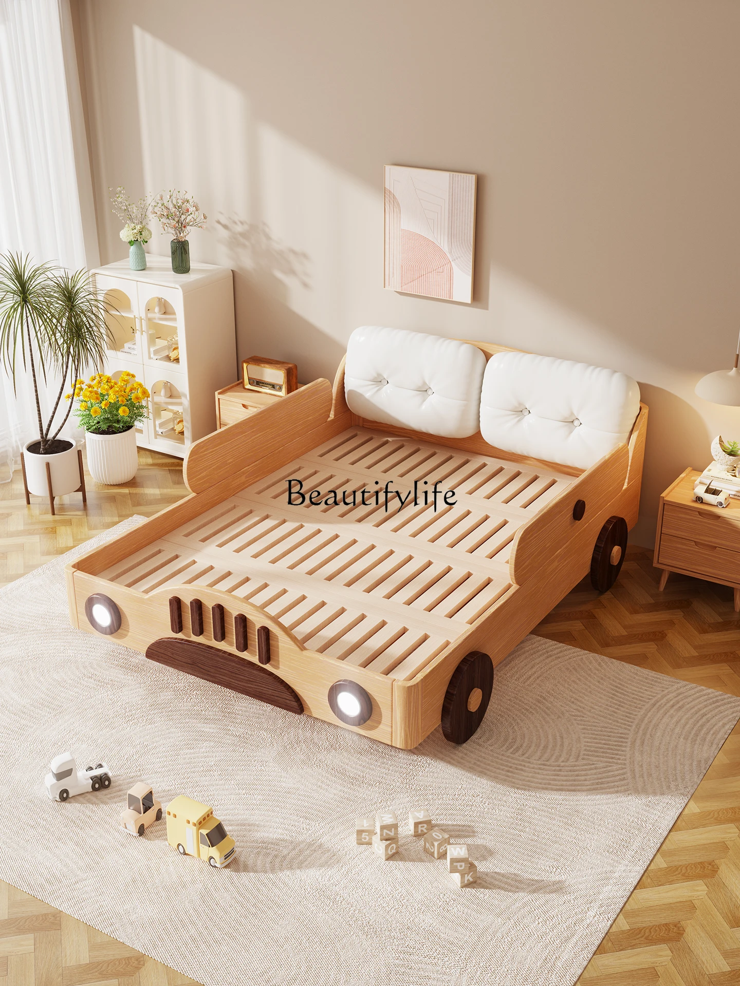 

All solid wood with guardrail car bed carpenter beech single bed theme life