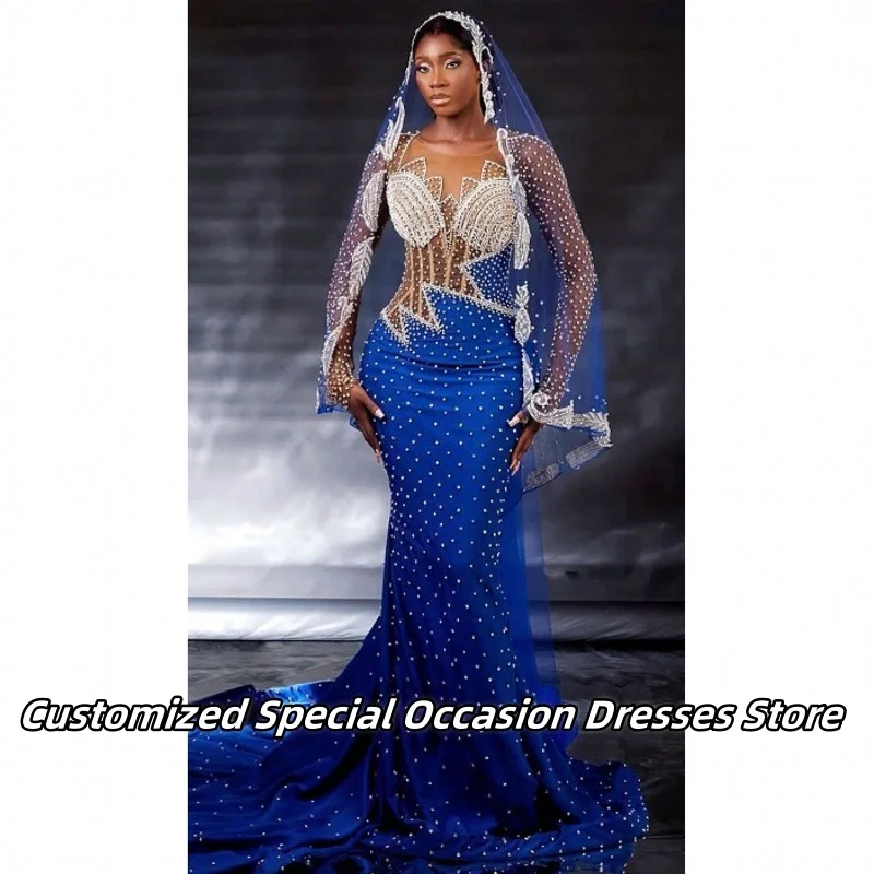 فساتين سهرة رائعة باللون الأزرق الملكي مع حجاب مصنوع يدويًا مطرز طويل حورية البحر فستان حفلات الزفاف فستان نسائي فاخر مخصص