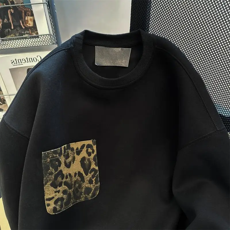 American retro leopard print pocket patchwork hooded sweatshirt for men and women in spring and autumn niche oversize tops