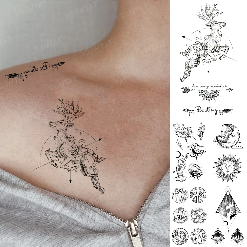 

Waterproof Temporary Tattoo Sticker Deer Arrow Black Word Geometric Line Flash Tatoo Women Men Arm Ankle Body Art Fake Tatto Kid