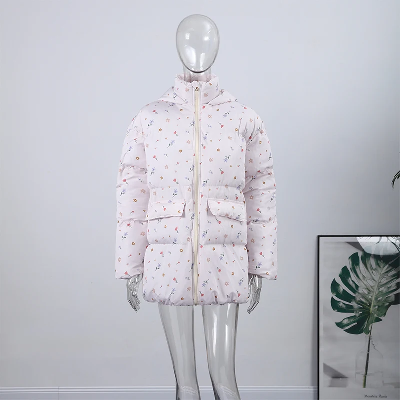 Unique Hooded Women's Winter Jacket Elegant Printed Thicken Pockets Full Sleeve Female Cotton Coat 2025 New Woman Coats Outwears